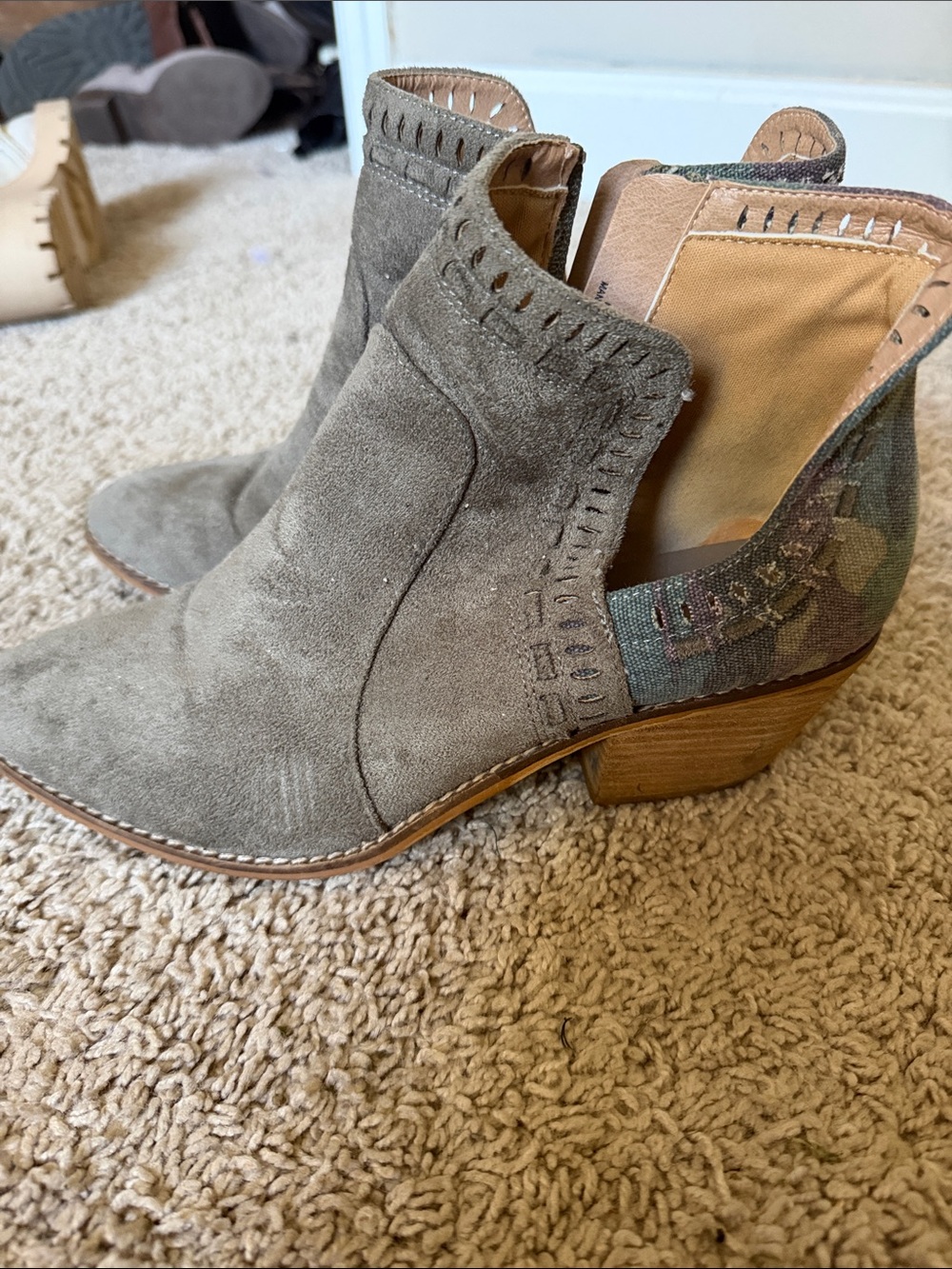 Women's Taupe Suede and camo Ankle Bootie with Camouflage Accent